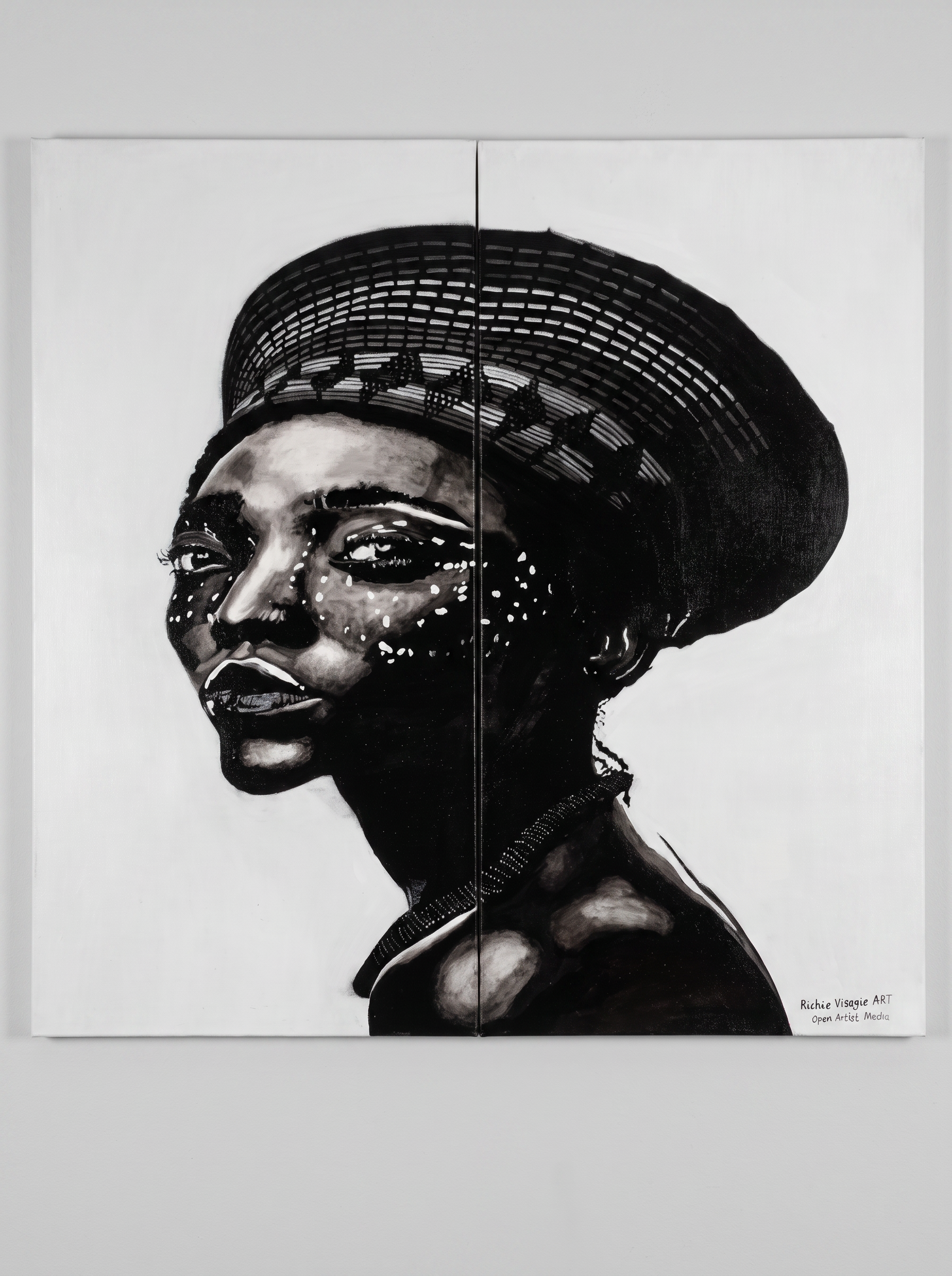 Queen Nandi — I Birth Kings, a monochrome portrait of a Zulu queen in a traditional isicholo headdress, shown as the full original two-panel canvas