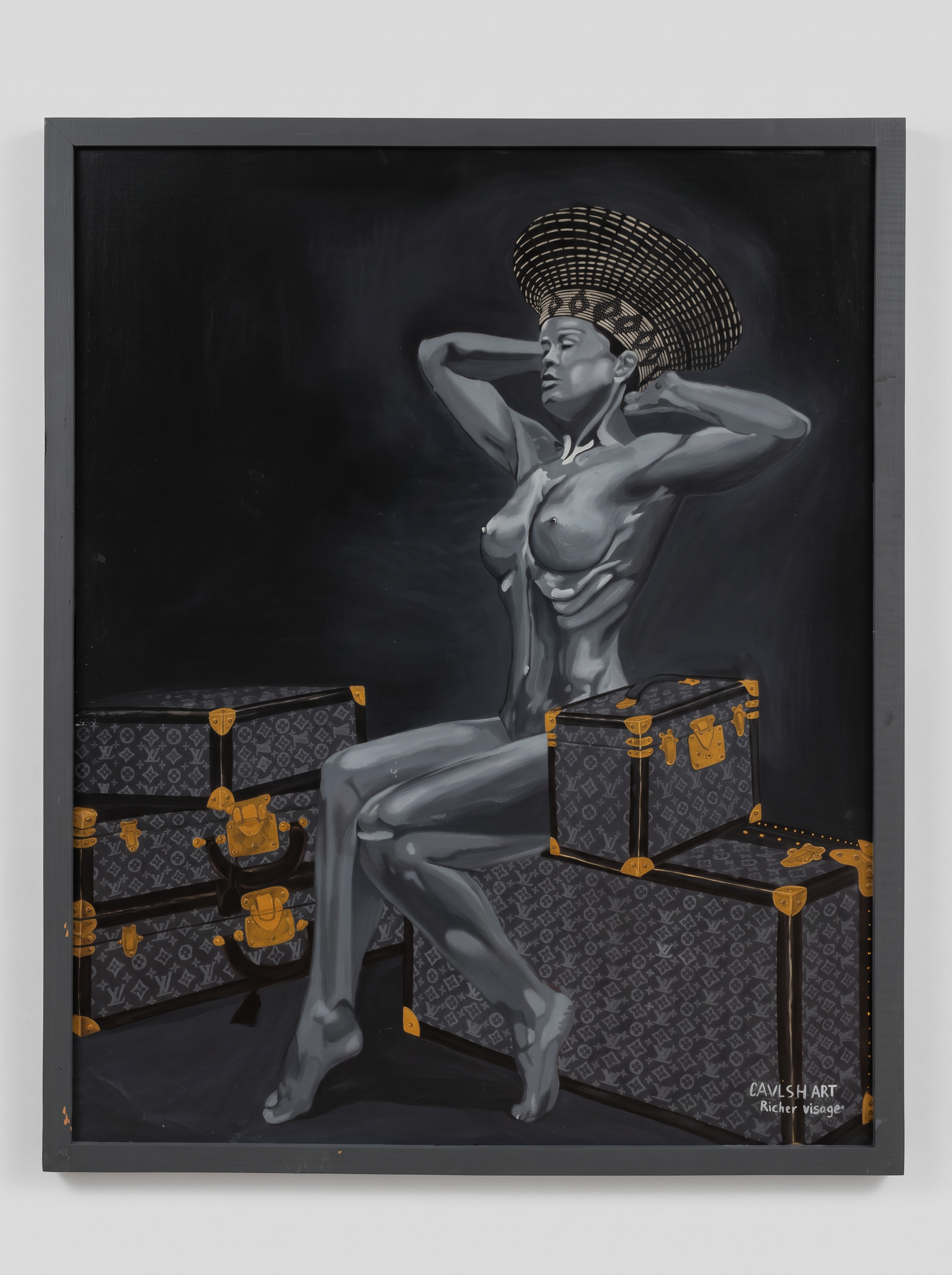 Ndza Katekile — a monochrome portrait of a seated figure in a woven crown surrounded by gold-trimmed monogram trunks, in its original grey frame