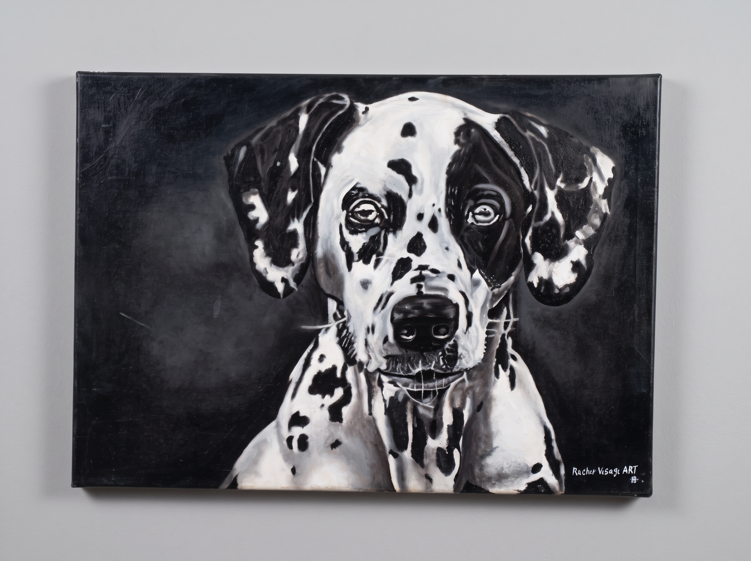 A True Friend — a black and white painted portrait of Bobby, a Dalmatian, on a dark background, shown as the full original canvas