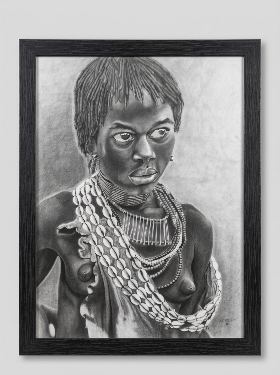 Ntombikayise — a monochrome charcoal portrait of a young African woman in traditional cowrie shell and beaded necklaces, in its original dark frame