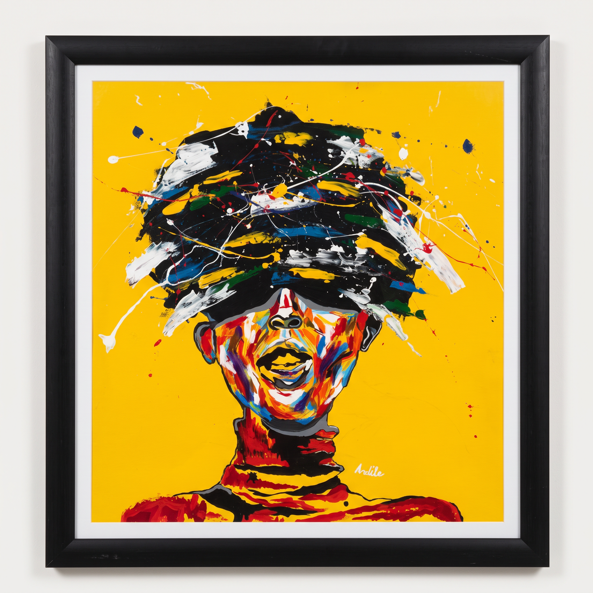 Not By Sight — the original artwork: a bold yellow portrait of a figure whose eyes are covered by expressive black, white and colour brushwork