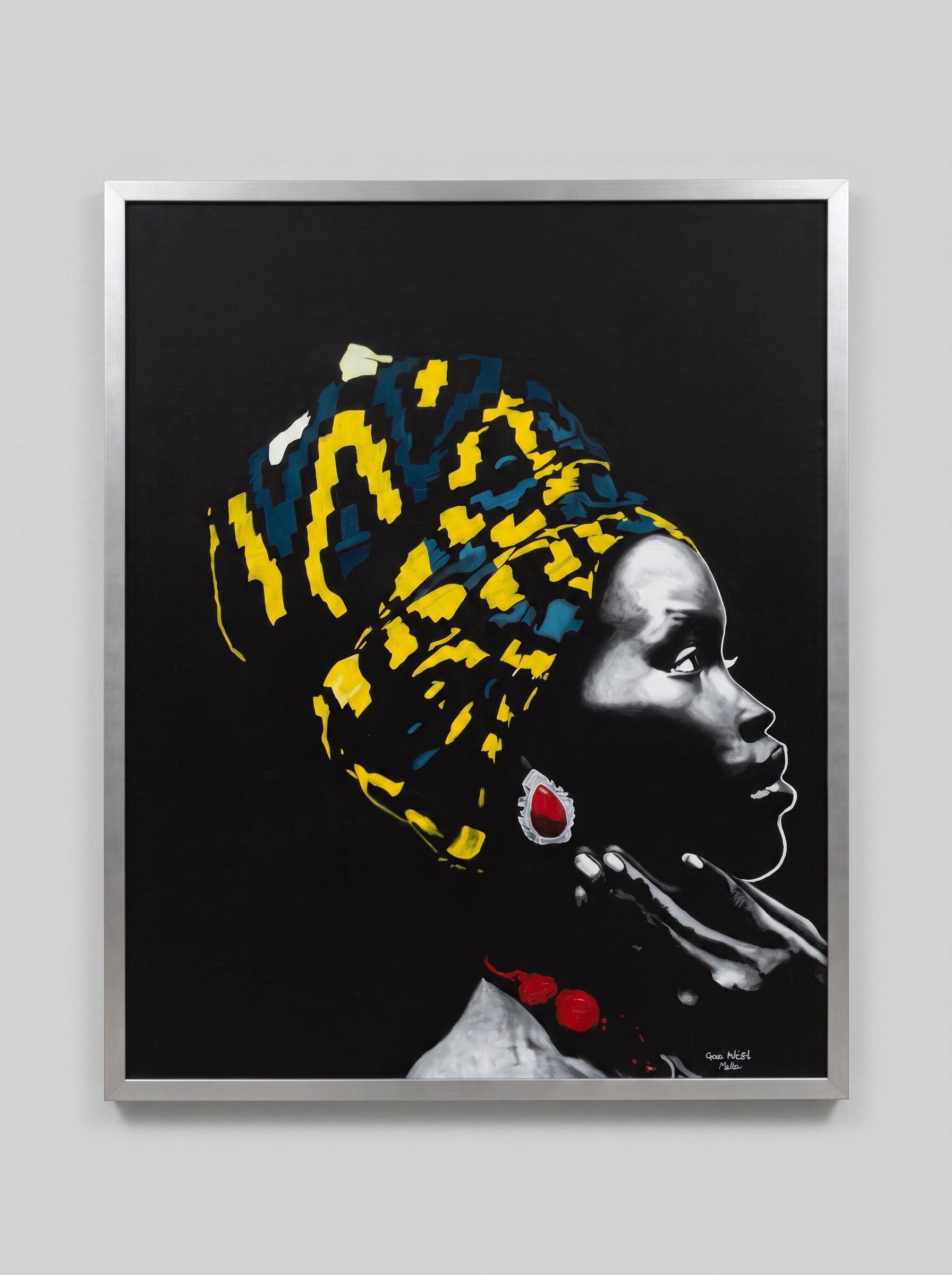 I Know Whose I Am — a profile portrait of an African woman in a yellow and blue headwrap with a red teardrop earring, in its original silver frame