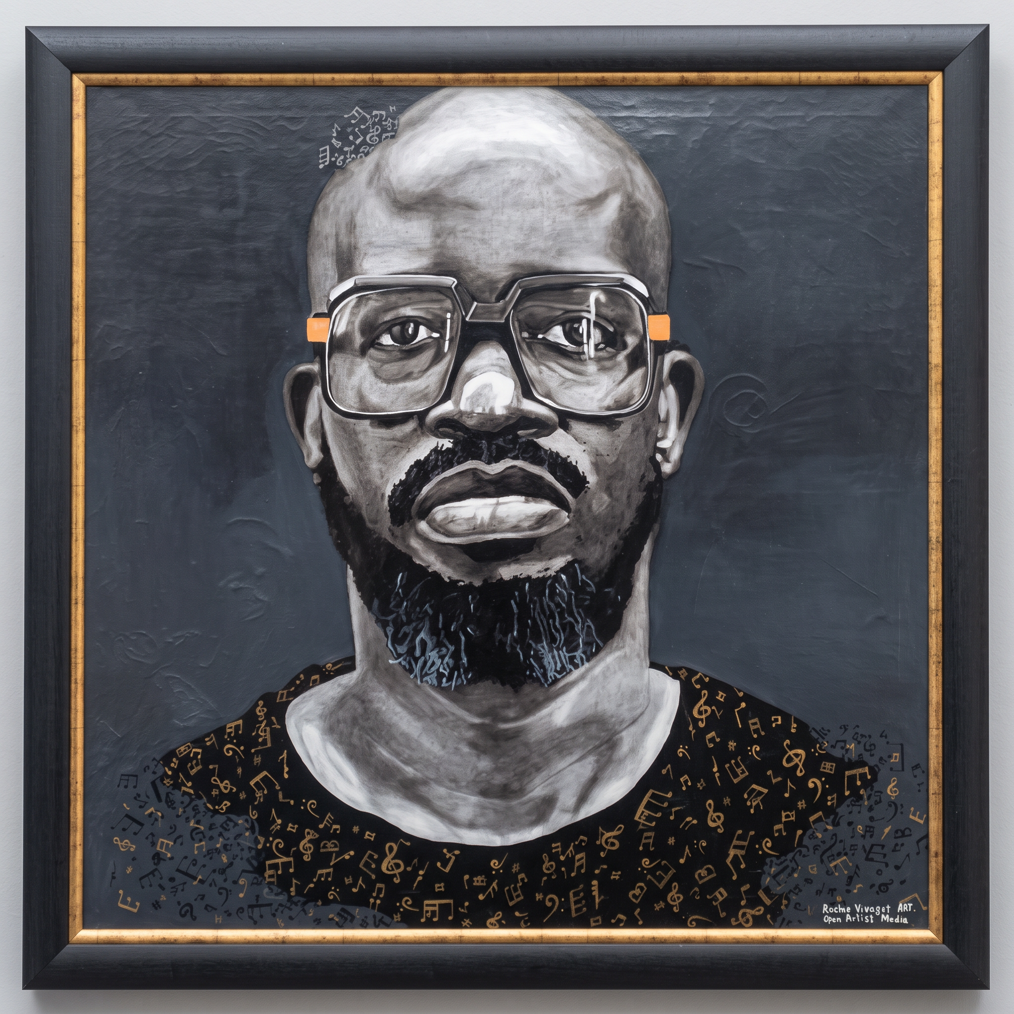 Pursuing Excellence — a monochrome portrait of Black Coffee framed in black and gold, his shirt scattered with golden musical notes