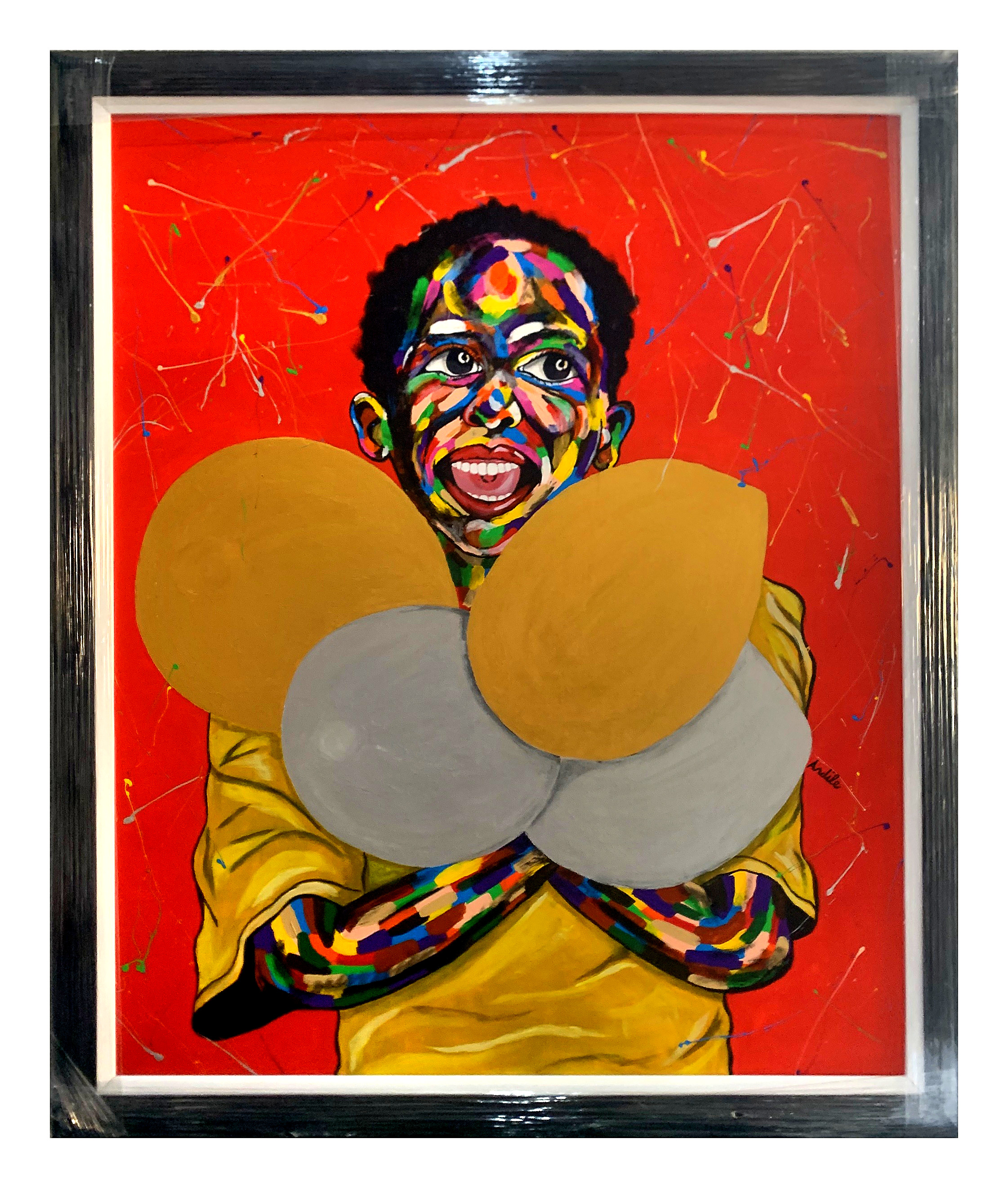 The Joy Of The Lord Is My Strength — a vividly colourful painted portrait of a laughing young man carrying large golden and grey forms against a deep red background, shown in its full original frame