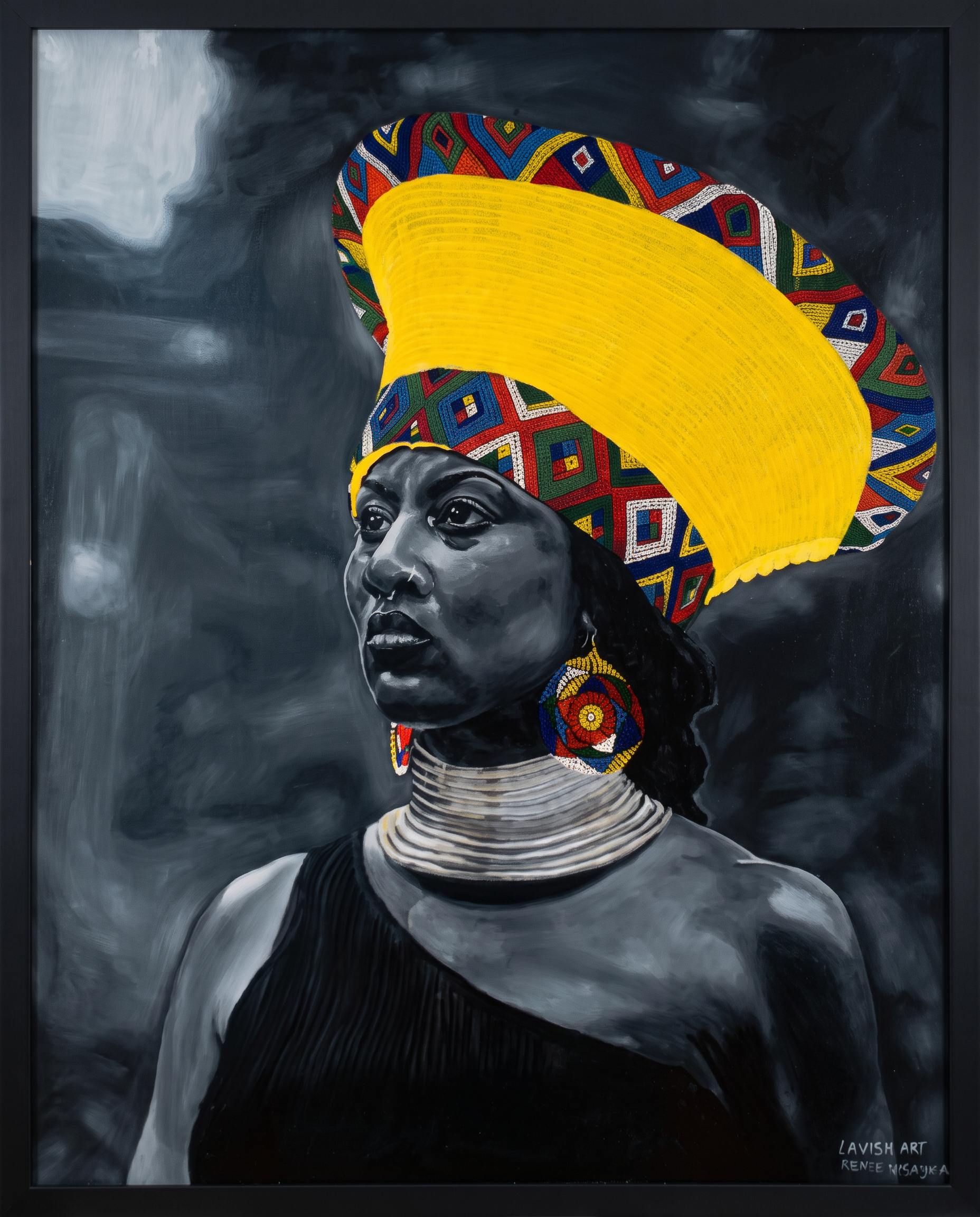 Still I Rise — a portrait of an African woman wearing a bold yellow and beaded headwrap, framed in the Refresh lounge